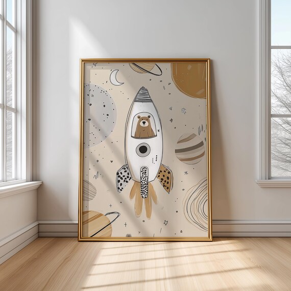 Adorable Bear In Rocket Ship Planets Neutral Space Nursery Poster