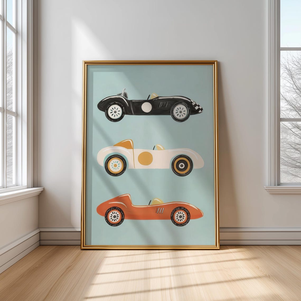 Retro Vintage Race Car Wall Art For Kids Boys Room Or Nursery Poster With Classic Sports Cars In Orange White And Black