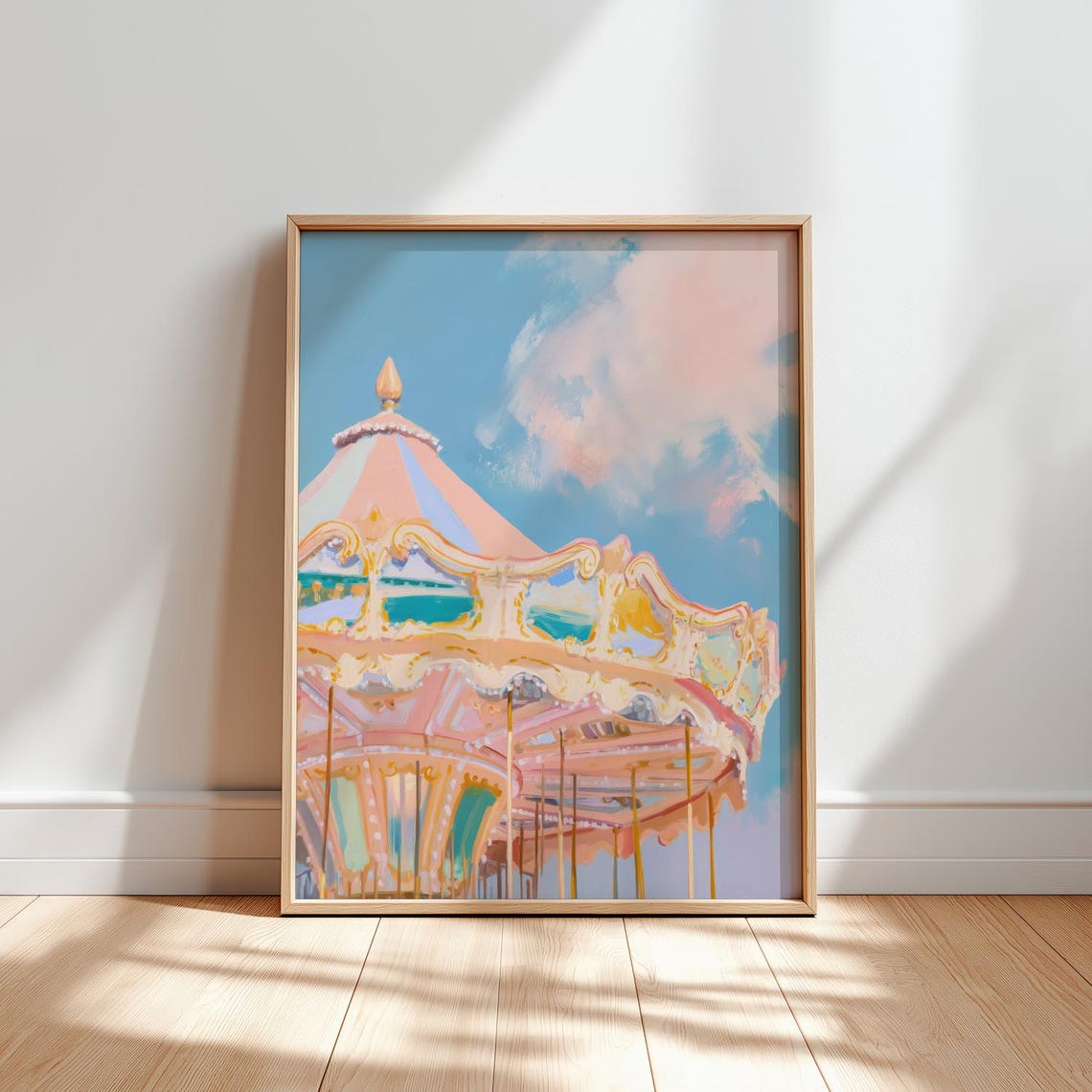 Pastel Carousel Under Blue Sky Dreamy Amusement Park Wall Art