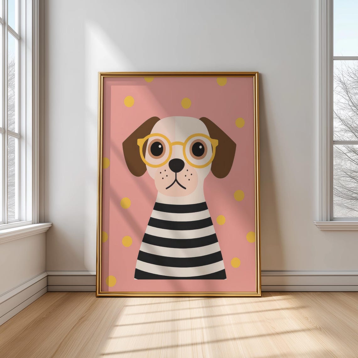 Cute Puppy In Yellow Glasses Striped Shirt Pink Polka Dot Poster