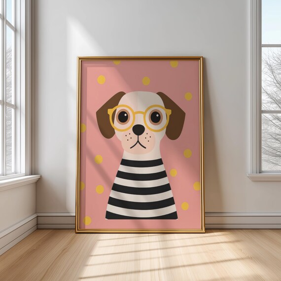Cute Puppy In Yellow Glasses Striped Shirt Pink Polka Dot Poster