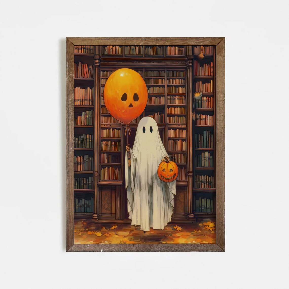 Halloween Print Pumpkin Balloon Wall Art Autumn Library Illustration Spooky Vintage Haunted Decor