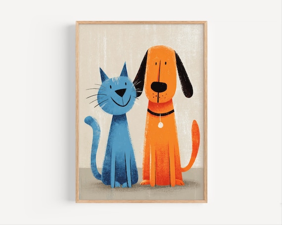Blue Cat and Orange Dog Best Friends Kids Nursery Wall Poster