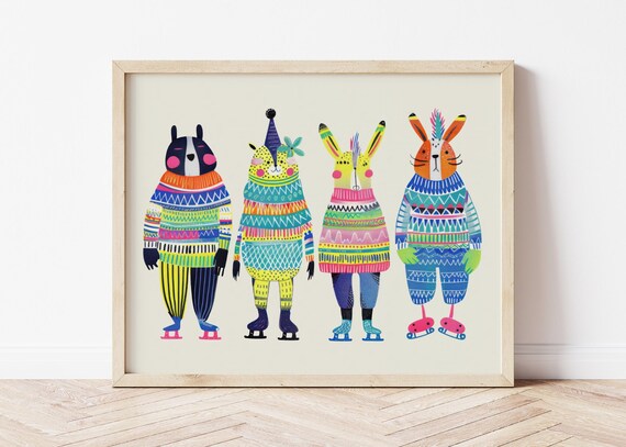 Four Cute Animals In Colorful Sweaters Ice Skating Friends Poster