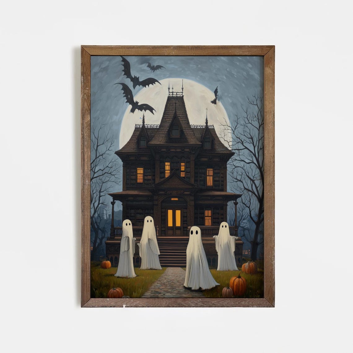 Haunted House Ghosts Print Spooky Halloween Wall Art Vintage Gothic Mansion With Bats Full Moon Dark Academia Decor