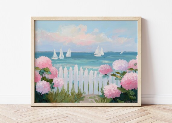 Sailboats At Sea With Pink Hydrangeas Pastel Coastal Art Poster