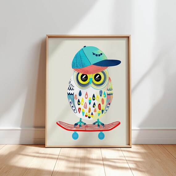 Owl Skateboard Wall Art Nursery Prints Kids Room Collection Baby Decor Playful Animal Eclectic