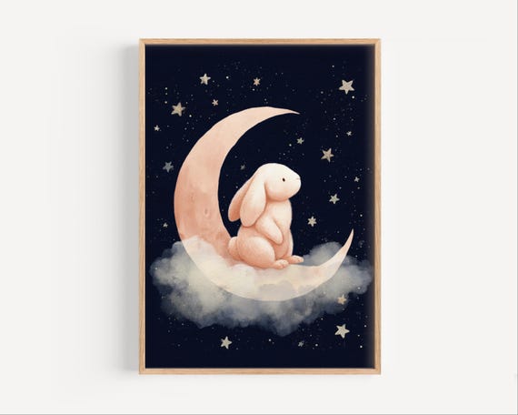 Bunny On Moon Poster Dreamy Nursery Wall Art With Stars Rabbit Sitting Crescent Kids Print