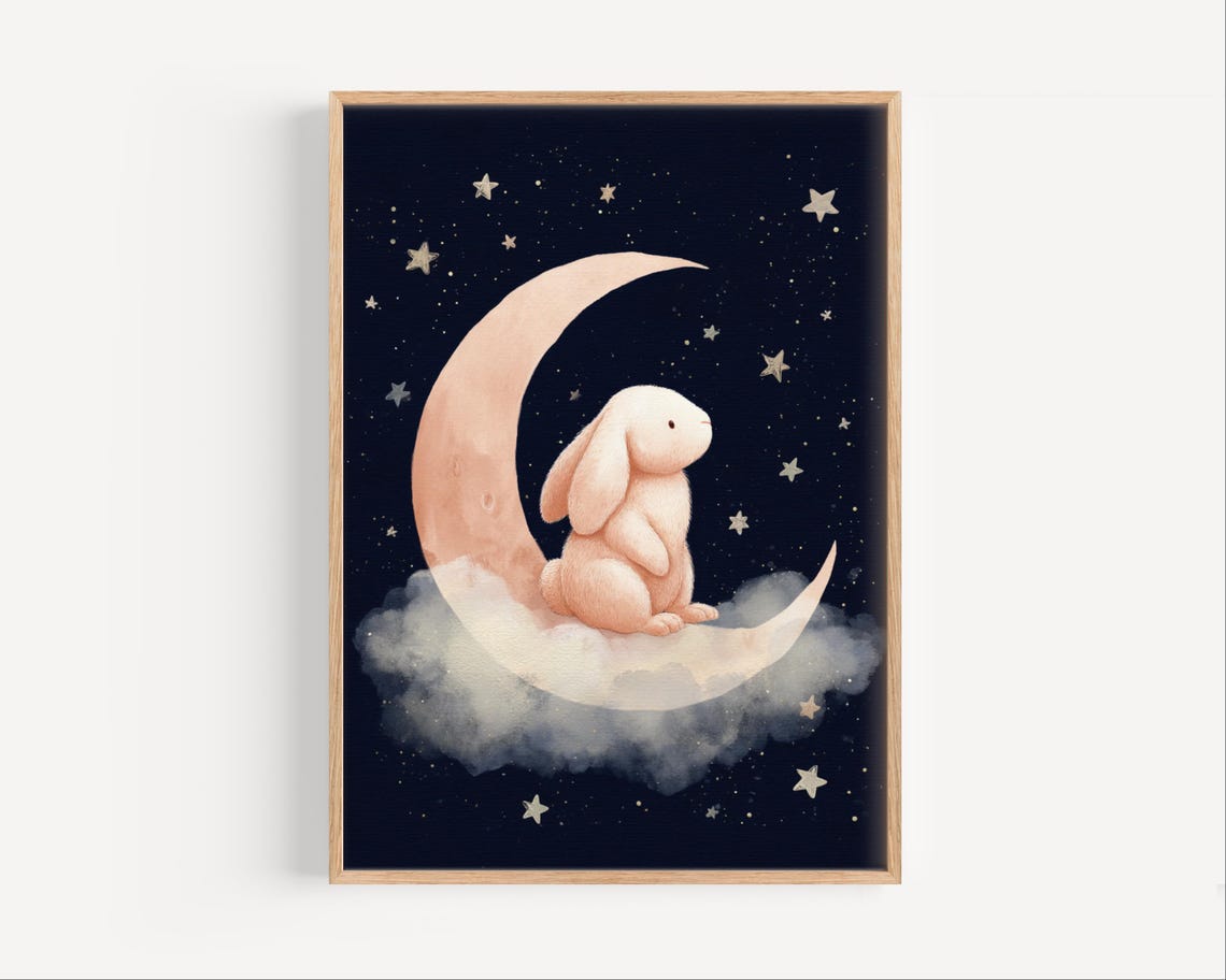 Bunny Sitting On Crescent Moon Navy Starry Night Dreamy Nursery Poster