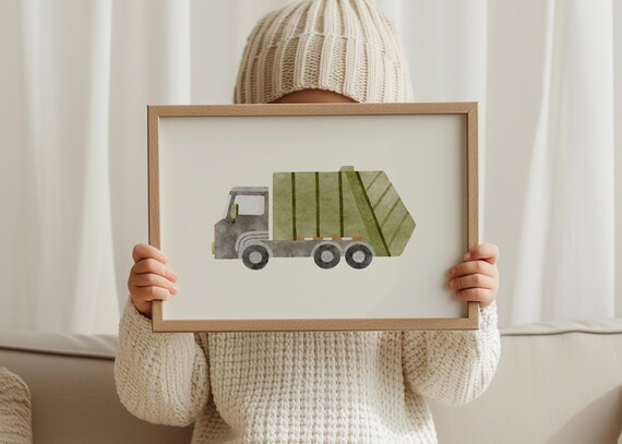 Minimalist Green Garbage Truck Poster For Kids Nursery Wall Art