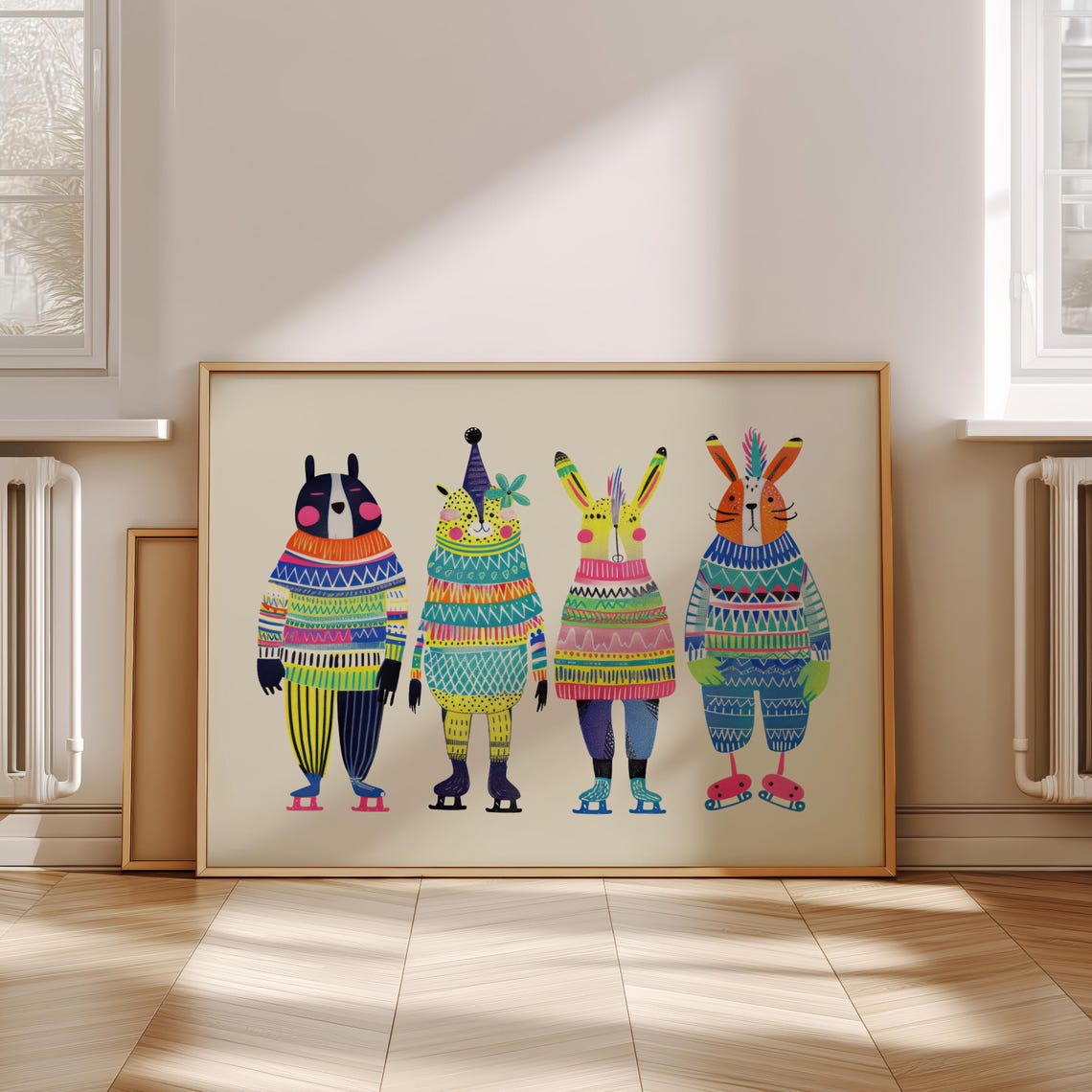 Four Animals Ice Skating in Colorful Knit Sweaters Kids Room Poster