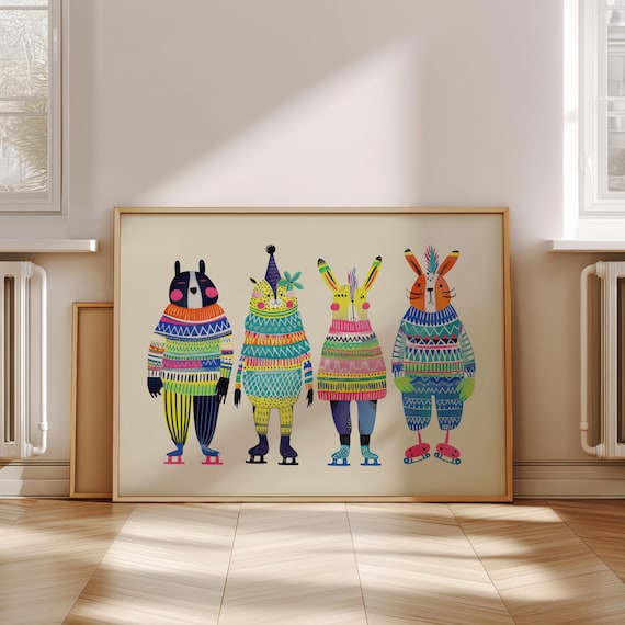 Four Animals Ice Skating in Colorful Knit Sweaters Kids Room Poster