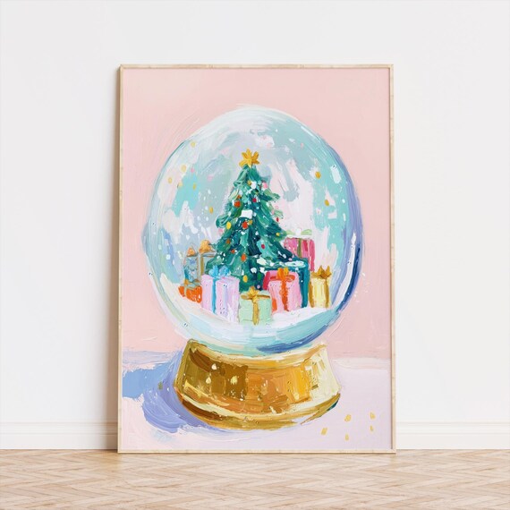 Christmas Snow Globe with Tree and Gifts Pastel Holiday Art Poster