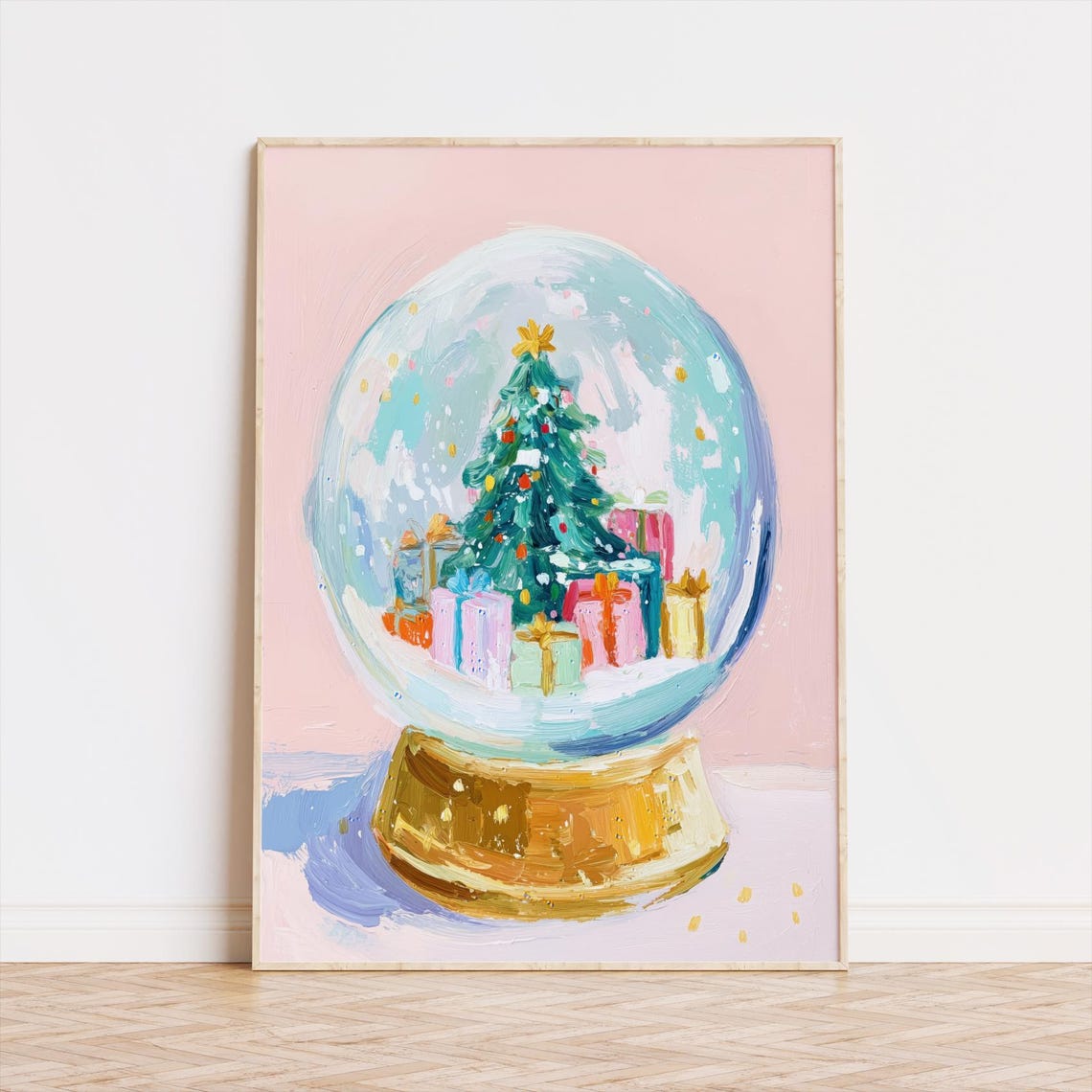 Christmas Snow Globe with Tree and Gifts Pastel Holiday Art Poster