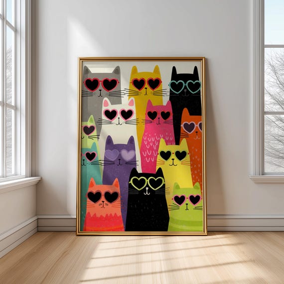 Colorful Cool Cats Wall Art For Kids Funny Cat Poster With Sunglasses Animal Nursery Print Playroom Decor Lovers