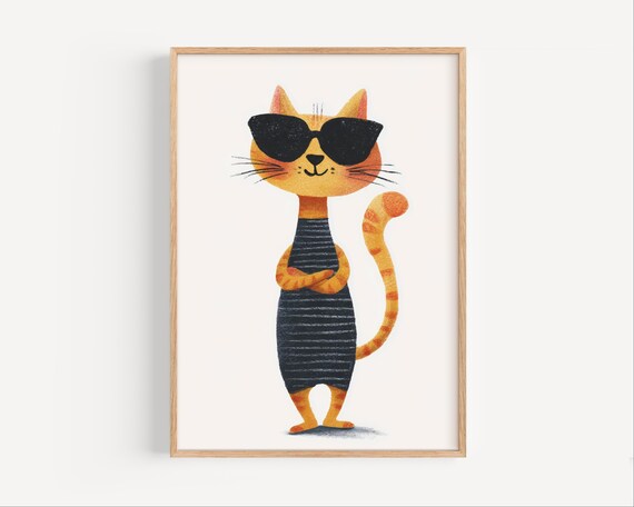 Orange Tabby Cat Wall Art Cool Nursery Poster Modern Kids Room Decor Sunglasses Animal Illustration Instant