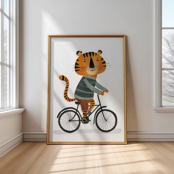 Adorable Tiger Wearing Sweater Riding A Bicycle Kids Room Poster
