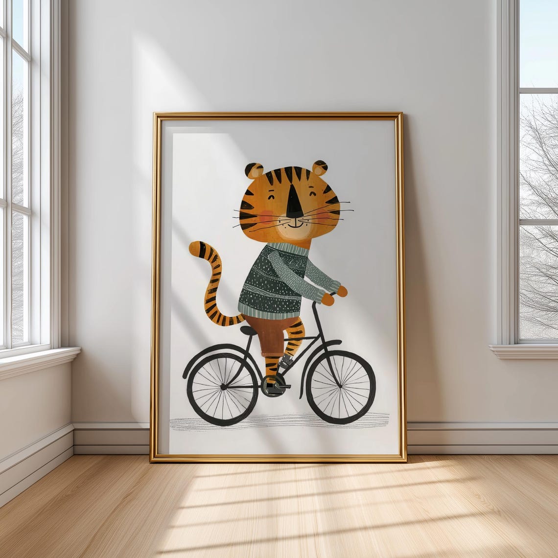 Adorable Tiger Wearing Sweater Riding A Bicycle Kids Room Poster