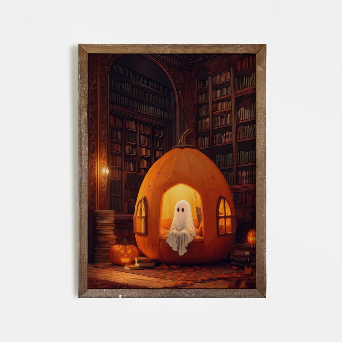 Cute Ghost Inside Cozy Pumpkin House In Spooky Library Poster