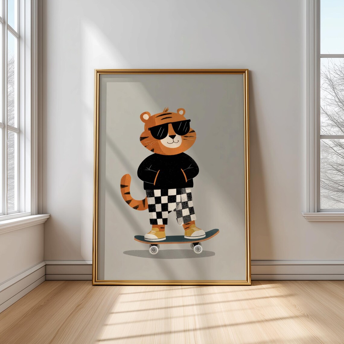 Skateboarding Tiger Wearing Sunglasses And Checkered Pants Poster