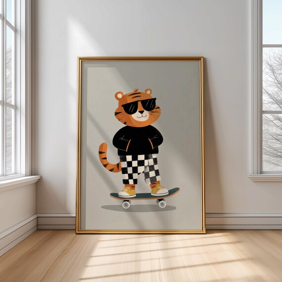 Skateboarding Tiger Nursery Wall Art Playroom Poster Gender Neutral Animal Print Toddler Room Decor Kids Artwork
