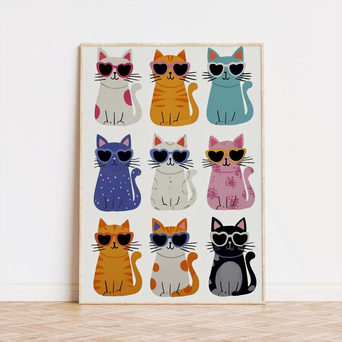 Colorful Cats in Heart Sunglasses Funny Animal Kids Poster Art