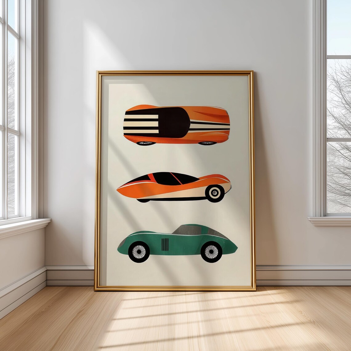 Retro Racing Cars Trio Orange Green Kids Room Art Print Decor