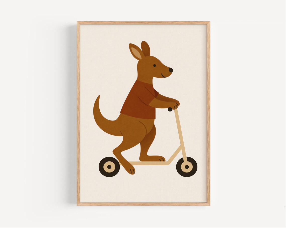 Kangaroo Scooter Ride Wall Art Nursery Poster Animal For Kids Room Fun Illustration