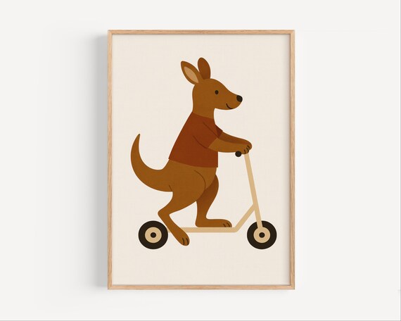 Cute Kangaroo Riding A Scooter In Rust Tones Nursery Wall Art
