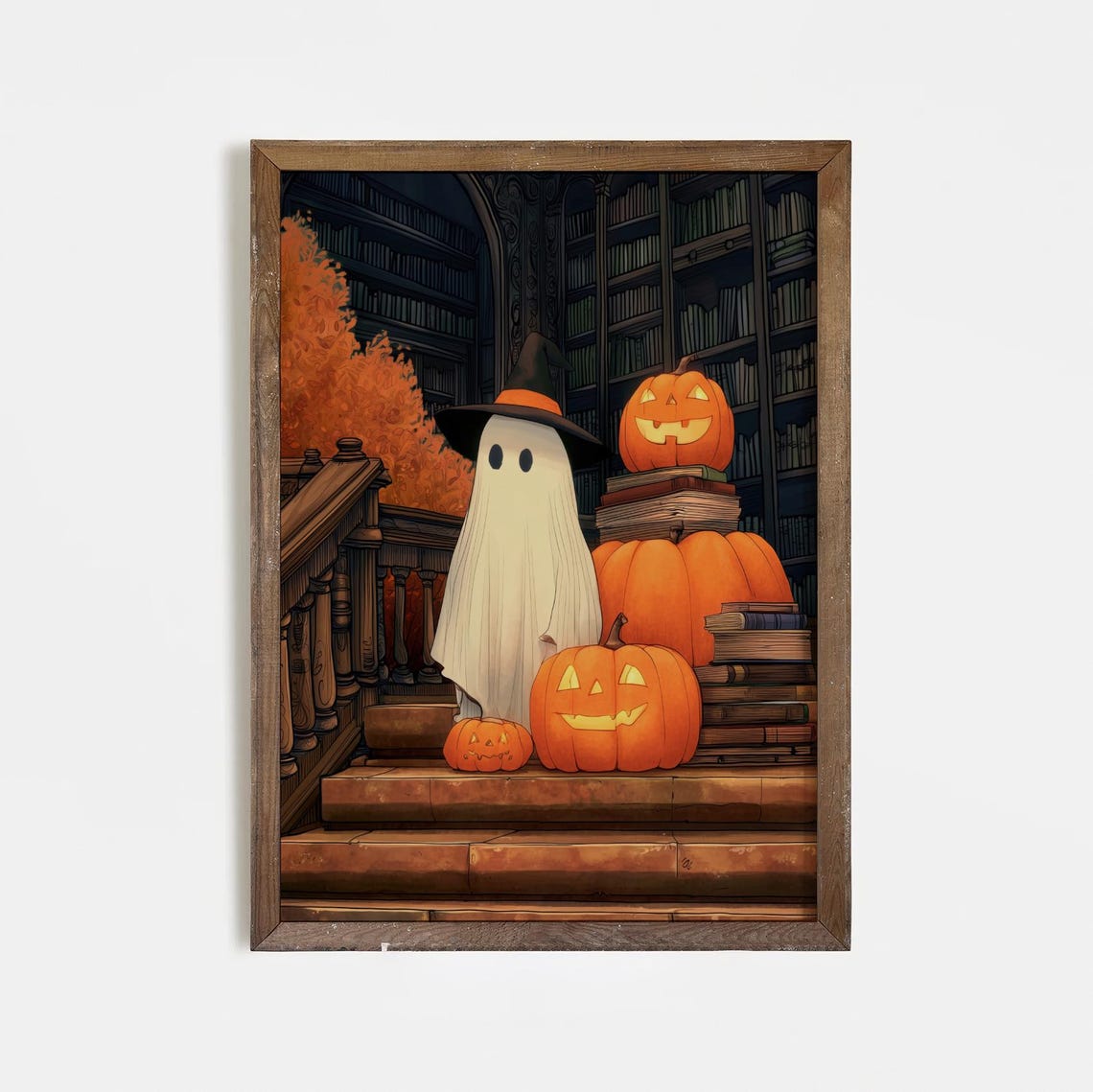 Halloween Wall Art Cute Witch Hat With Pumpkins Print Spooky Library Autumn Gothic Home Decor
