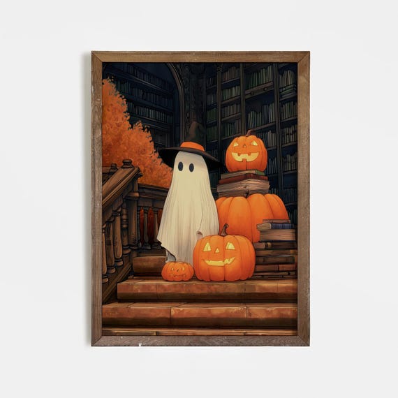 Halloween Wall Art Cute Witch Hat With Pumpkins Print Spooky Library Autumn Gothic Home Decor