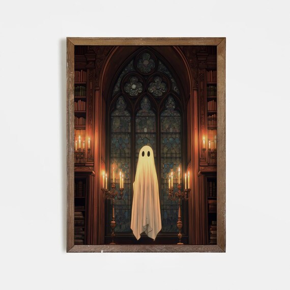Halloween Wall Art Spooky Gothic Decor Haunted Library Print Illustration Home Decoration
