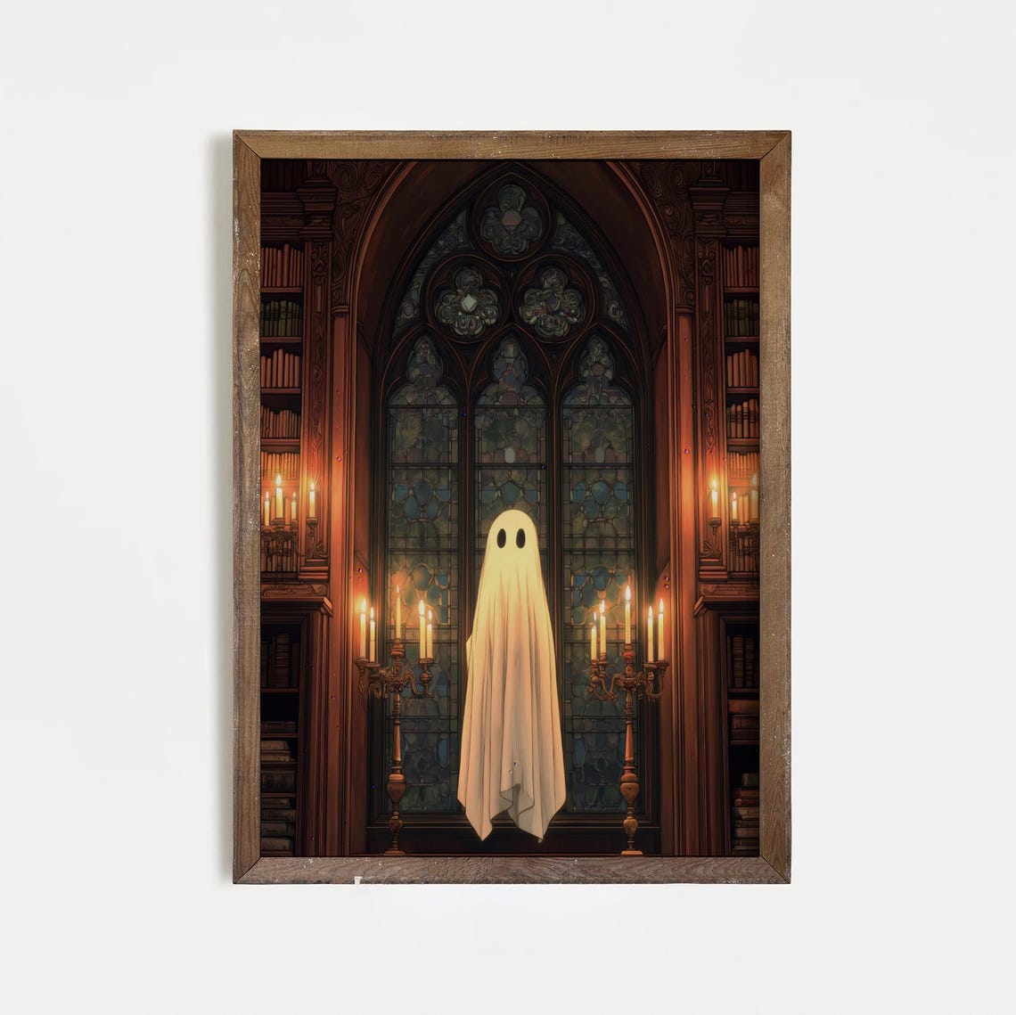 Cute Ghost In Gothic Library With Stained Glass Candles Poster