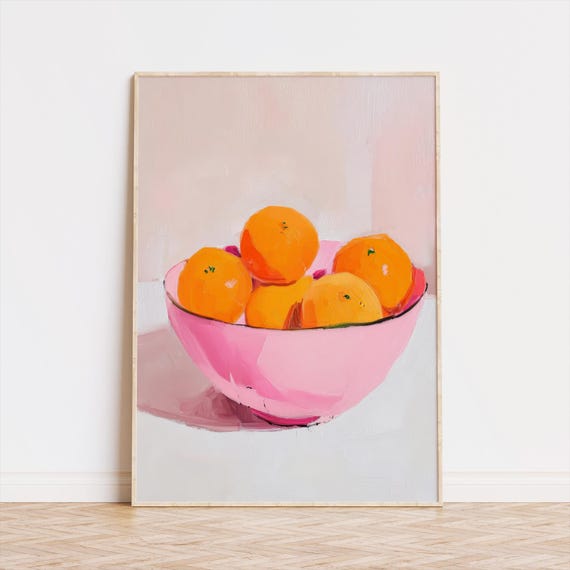 Modern Kitchen Wall Art Orange Fruit Painting Pink Bowl Still Life Print Minimalist Decor Pastel Food Illustration