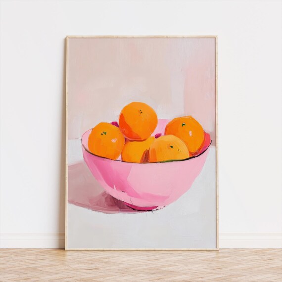 Orange Fruits In Pink Bowl Modern Minimalist Kitchen Still Life Art Poster
