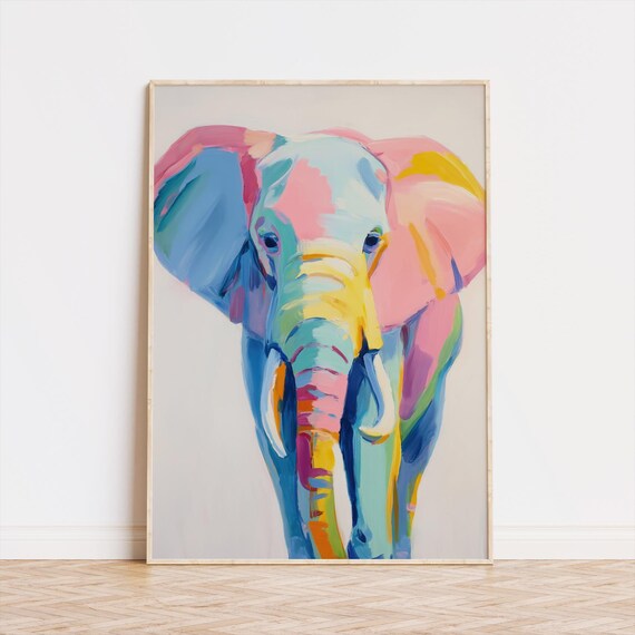 Colorful Pastel Elephant Modern Animal Painting Kids Room Art Poster