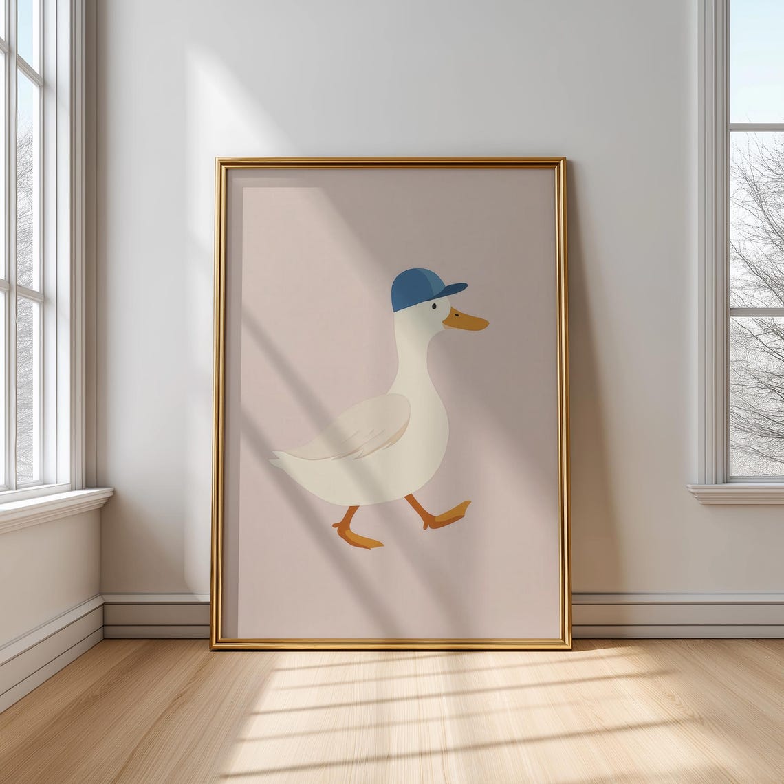 White Duck In A Blue Baseball Cap Minimalist Nursery Poster Art