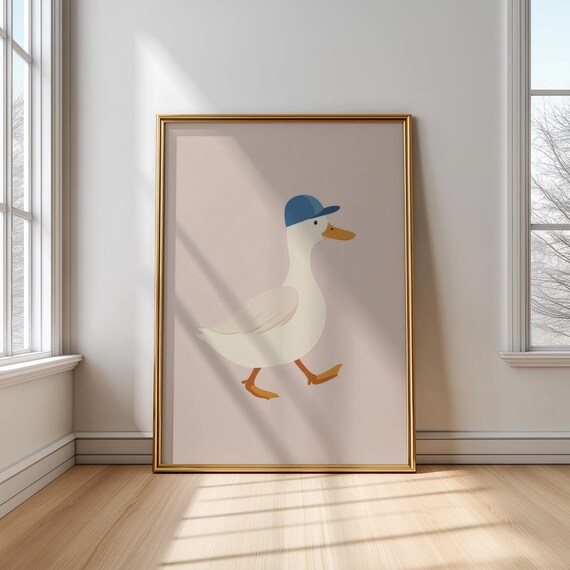 White Duck In A Blue Baseball Cap Minimalist Nursery Poster Art