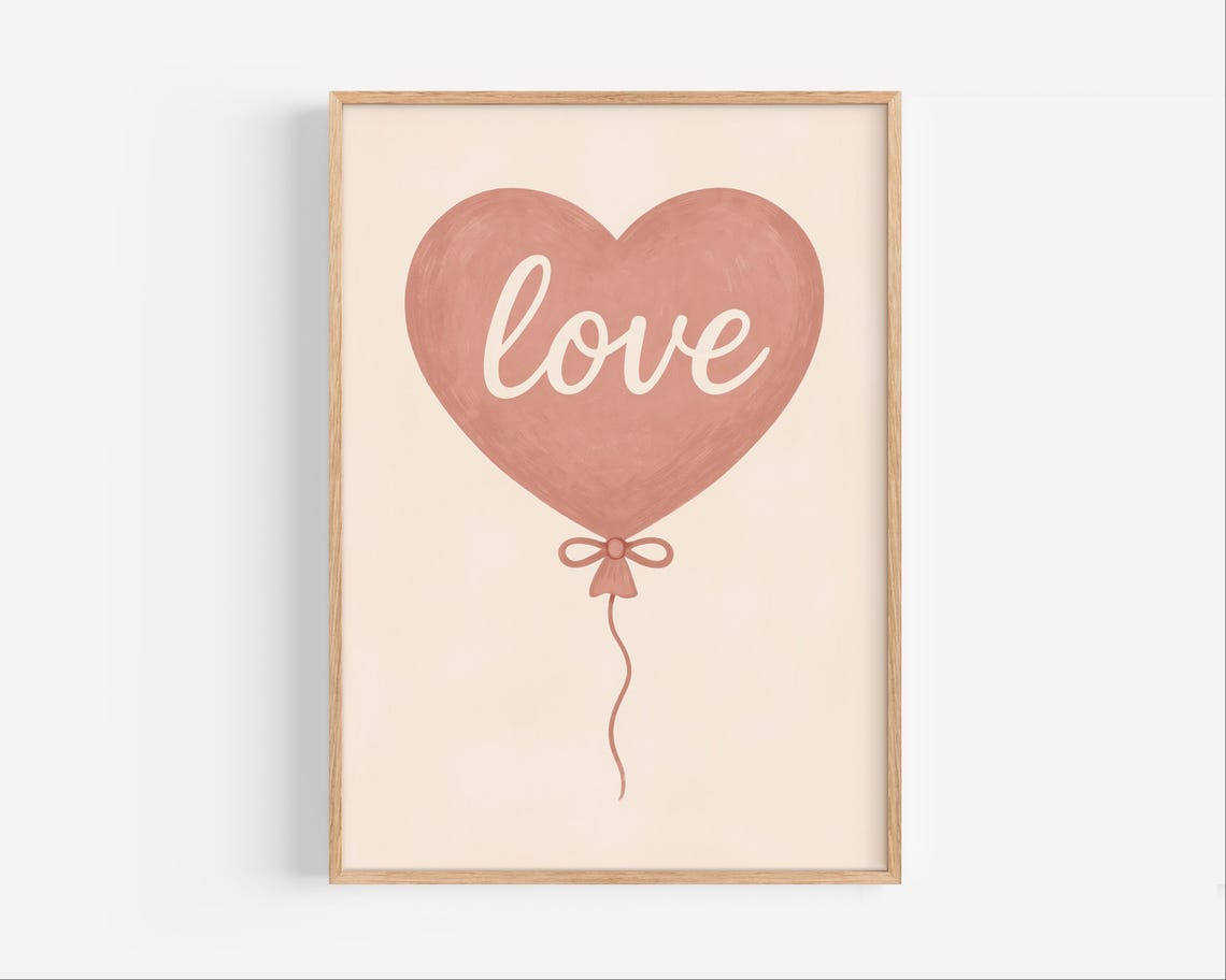 Pink Love Heart Balloon Script Minimalist Nursery Romance Poster
