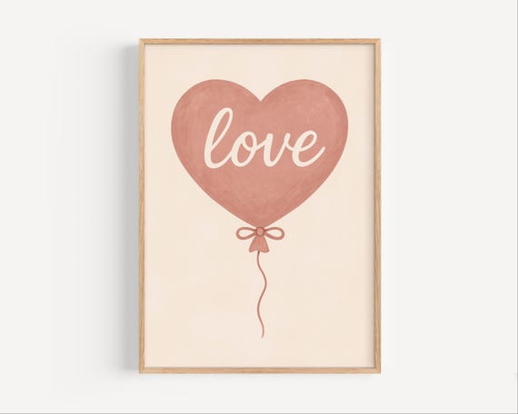 Love Heart Balloon Print Nursery Wall Art Cute Pink Poster Romantic Kids Room Decor Valentine Gift