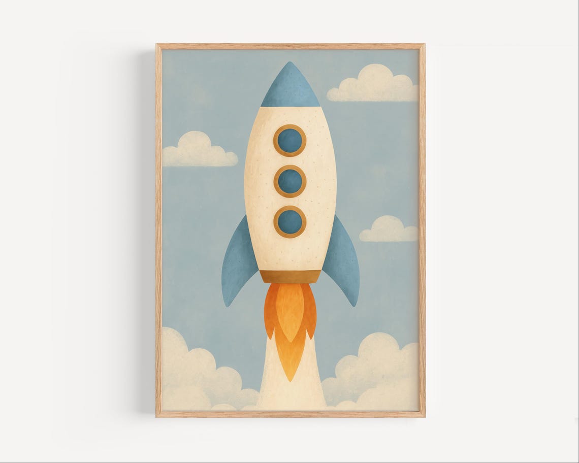 Cute Rocket Ship Launch Space Theme Nursery Kids Room Poster