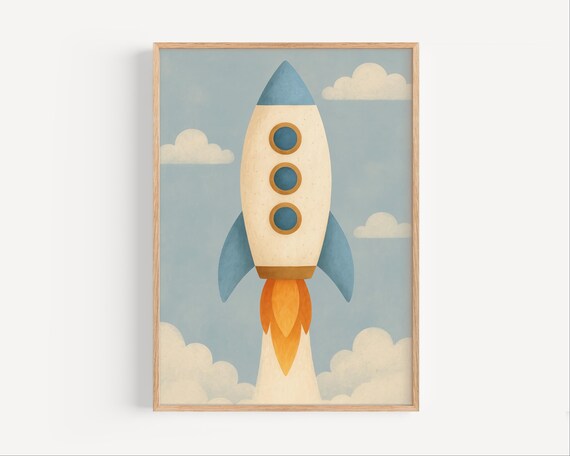 Cute Rocket Ship Launch Space Theme Nursery Kids Room Poster