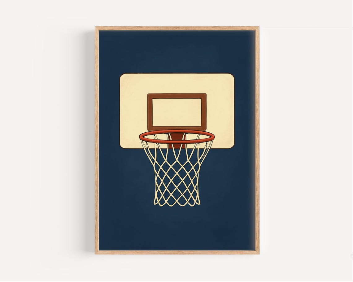 Minimalist Basketball Hoop on Navy Blue Boys Room Sports Poster