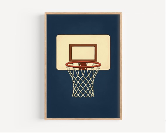Minimalist Basketball Hoop on Navy Blue Boys Room Sports Poster