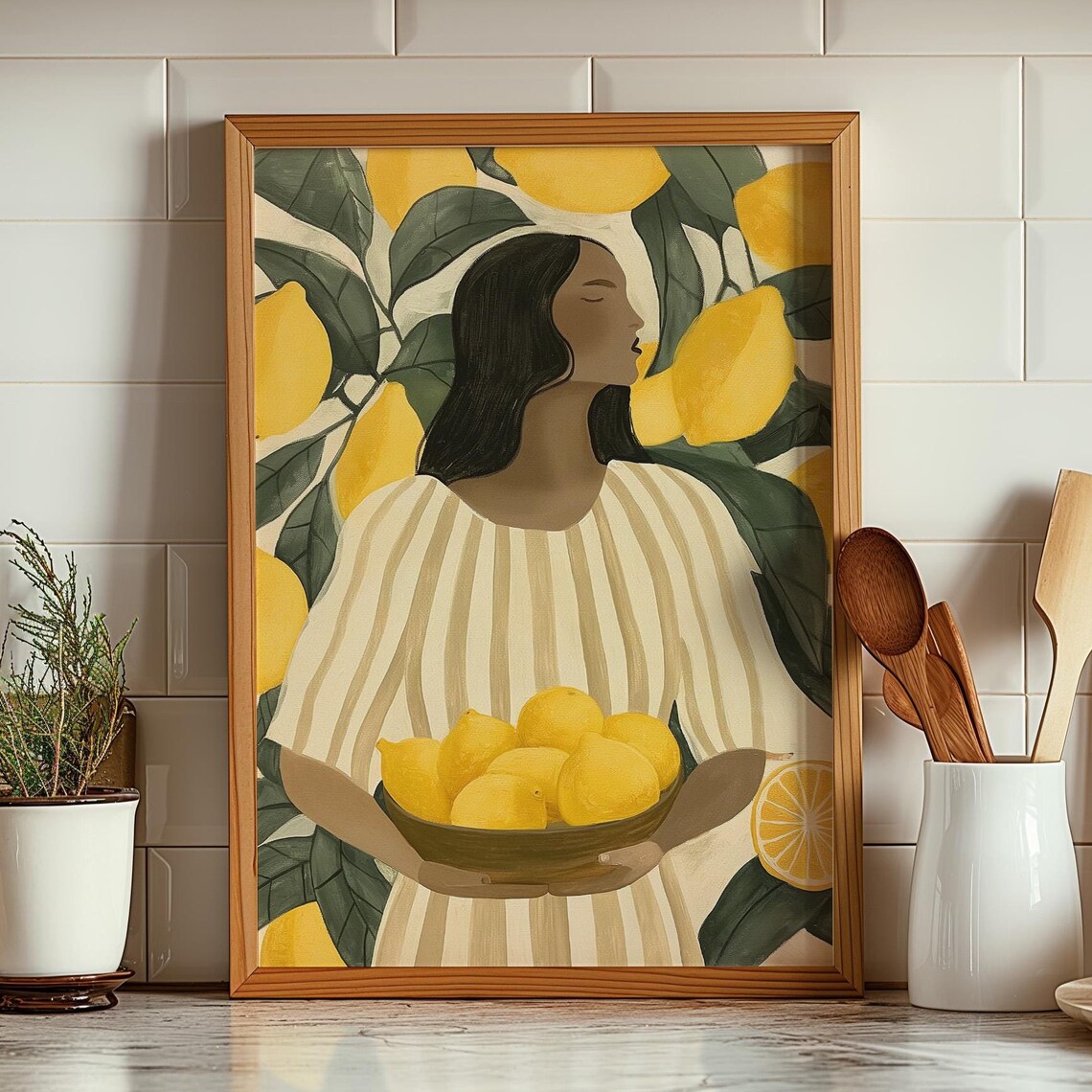 Woman Holding Lemons Bowl Lemon Grove Modern Kitchen Wall Poster