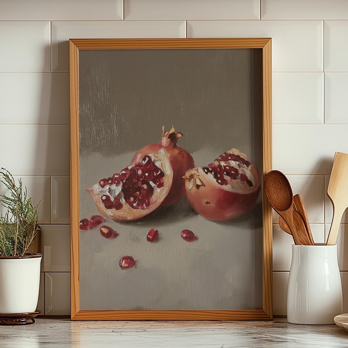 Pomegranate Still Life Ruby Seeds Moody Kitchen Oil Painting Poster