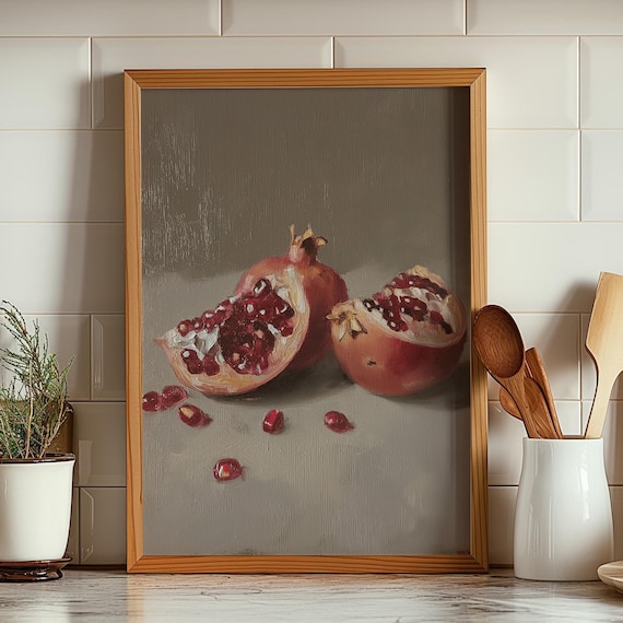 Pomegranate Still Life Ruby Seeds Moody Kitchen Oil Painting Poster