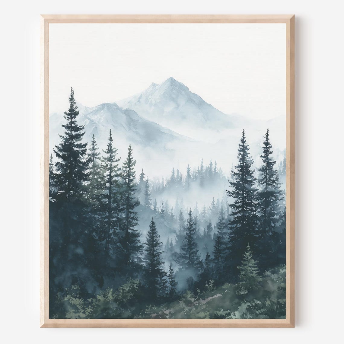 Misty Pine Forest Watercolor Blue Mountain Peaks Nature Poster