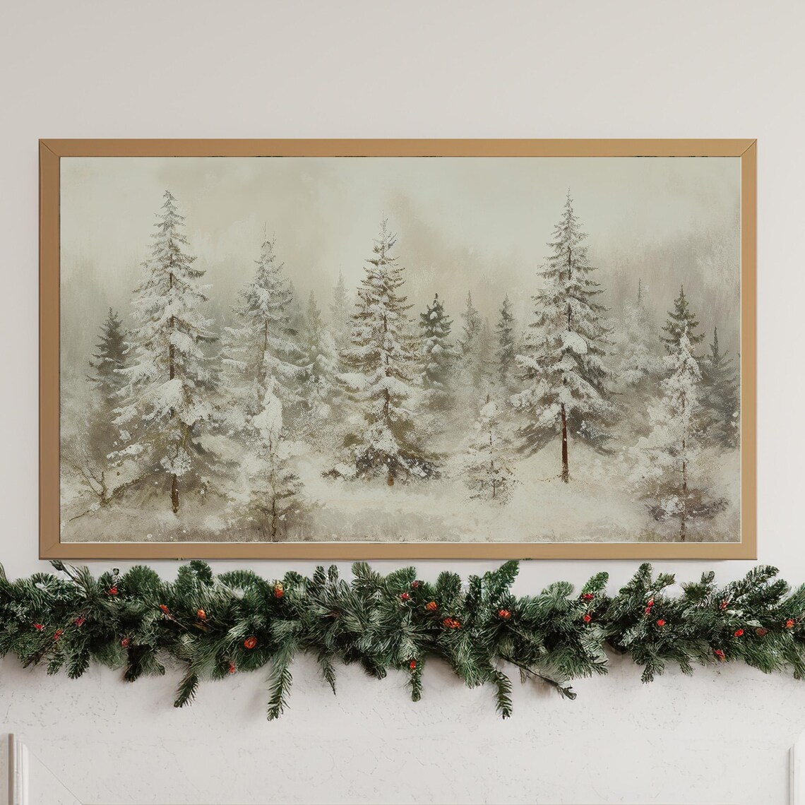 Snowy Winter Forest Painting Snow Covered Pines Misty Morning Poster - Image 3