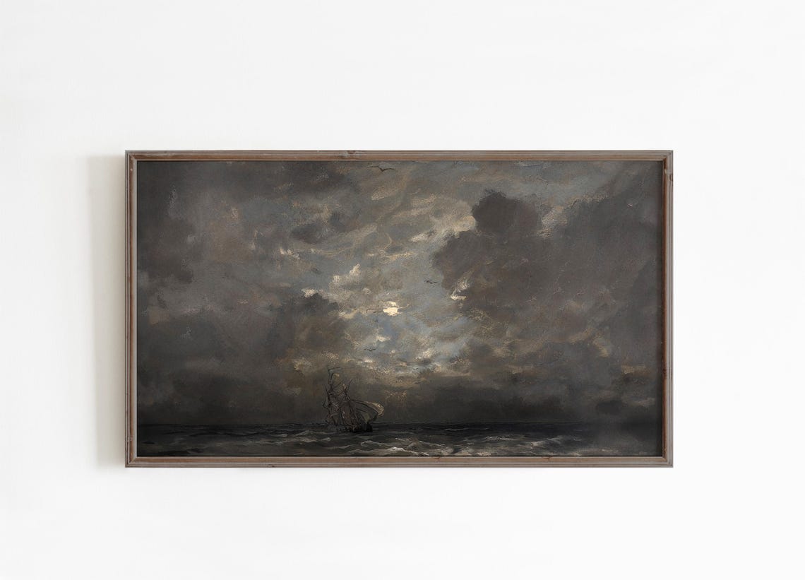 Stormy Night Seascape Painting Sailing Ship Dark Clouds Ocean Poster